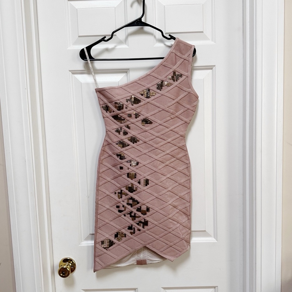 Herve Leger Asymmetrical Beaded Blush Pink Dress